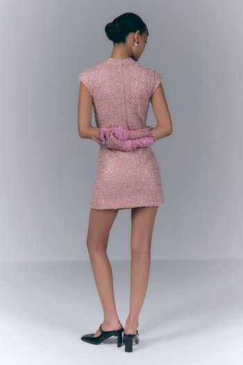 Shop_Varun Bahl_Pink Net High Neck Whisper Mini Dress _at_Aza_Fashions