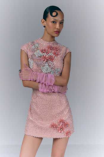 Buy_Varun Bahl_Pink Net High Neck Whisper Mini Dress _Online_at_Aza_Fashions