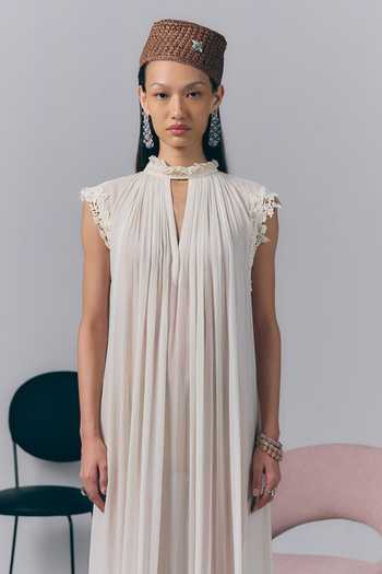 Varun Bahl_Ivory Chiffon High , Keyhole Ruffle Long Dress _Online_at_Aza_Fashions