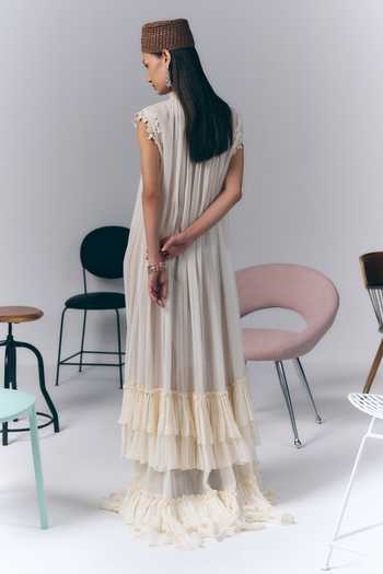 Shop_Varun Bahl_Ivory Chiffon High , Keyhole Ruffle Long Dress _at_Aza_Fashions