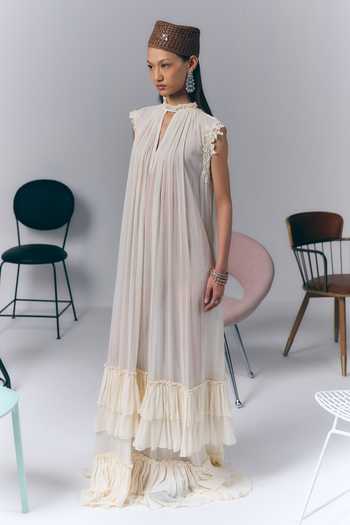 Buy_Varun Bahl_Ivory Chiffon High , Keyhole Ruffle Long Dress _Online_at_Aza_Fashions