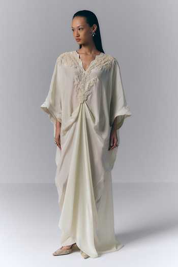 Varun Bahl_Ivory Crepe, Viscose V-neck Whisper Embroidered Kaftan _Online_at_Aza_Fashions