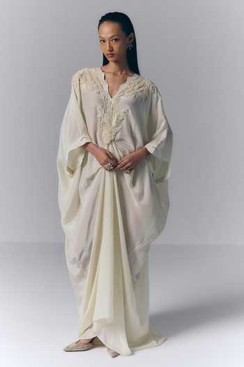 Buy_Varun Bahl_Ivory Crepe, Viscose V-neck Whisper Embroidered Kaftan _at_Aza_Fashions