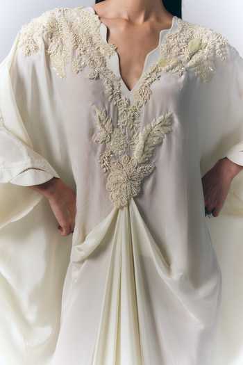 Shop_Varun Bahl_Ivory Crepe, Viscose V-neck Whisper Embroidered Kaftan _Online_at_Aza_Fashions