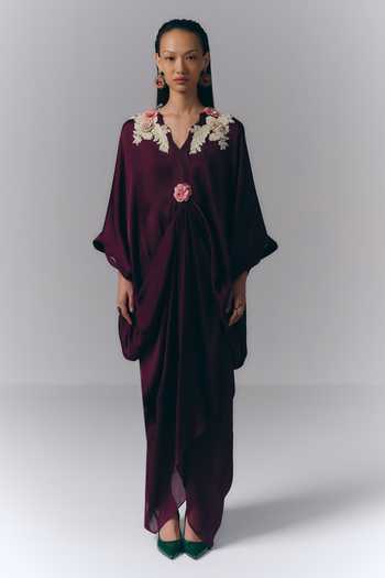 Buy_Varun Bahl_Purple Satin, Chiffon V-neck Yoke Embroidered Draped Kaftan _at_Aza_Fashions