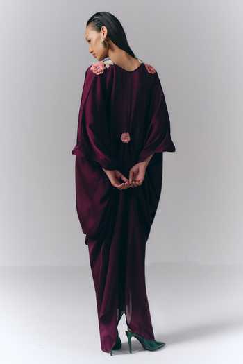 Shop_Varun Bahl_Purple Satin, Chiffon V-neck Yoke Embroidered Draped Kaftan _at_Aza_Fashions