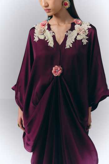 Buy_Varun Bahl_Purple Satin, Chiffon V-neck Yoke Embroidered Draped Kaftan _Online_at_Aza_Fashions