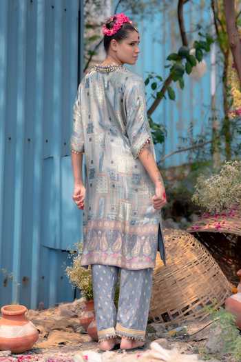 Shop_Soniya G_Silver Silk V-neck, Yes Printed Kurta And Pant Set _at_Aza_Fashions
