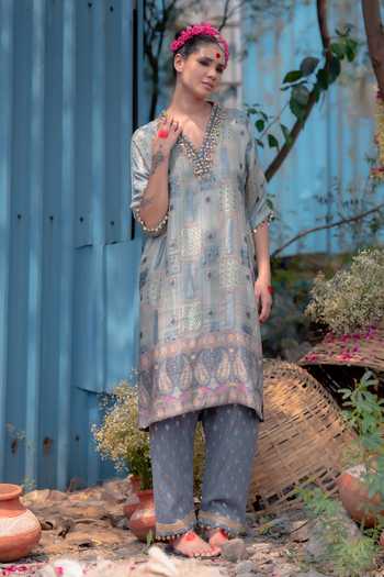 Buy_Soniya G_Silver Silk V-neck, Yes Printed Kurta And Pant Set _at_Aza_Fashions