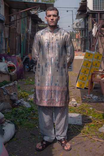 Buy_Soniya G_Silver Silk Zari Woven Kurta And Pant Set _Online_at_Aza_Fashions
