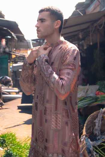 Soniya G_Brown Silk Banarsi Woven Kurta And Pant Set _Online_at_Aza_Fashions