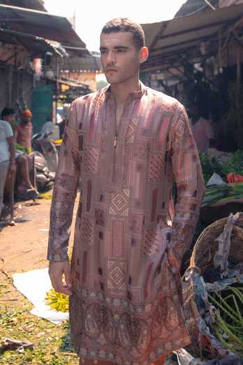 Shop_Soniya G_Brown Silk Banarsi Woven Kurta And Pant Set _Online_at_Aza_Fashions