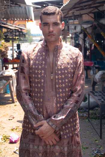 Buy_Soniya G_Brown Silk Woven Nehru Jacket And Pant Set _Online_at_Aza_Fashions