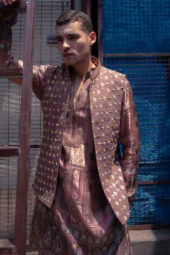 Soniya G_Brown Silk Woven Nehru Jacket And Pant Set _at_Aza_Fashions