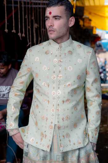 Buy_Soniya G_Green Silk Zari Floral Woven Bandhgala _Online_at_Aza_Fashions