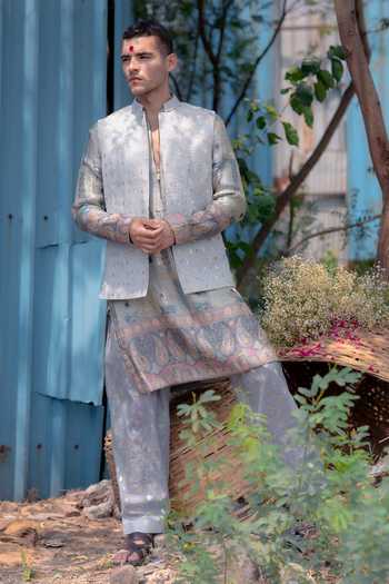 Buy_Soniya G_Silver Silk Banarsi Woven Nehru Jacket _Online_at_Aza_Fashions