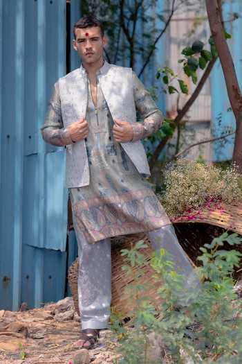 Shop_Soniya G_Silver Silk Banarsi Woven Nehru Jacket _Online_at_Aza_Fashions