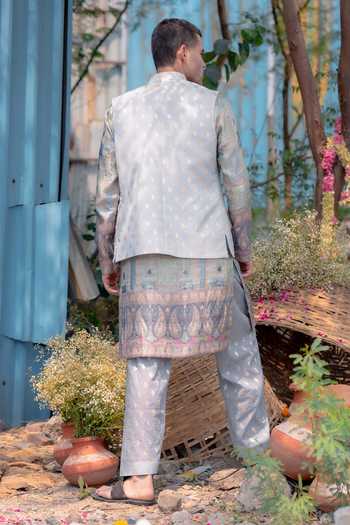 Shop_Soniya G_Silver Silk Banarsi Woven Nehru Jacket _at_Aza_Fashions
