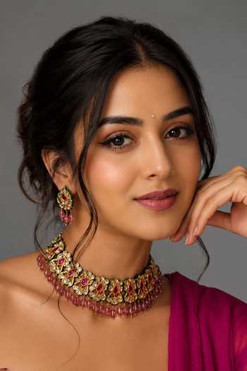 Buy_Vivinia By Vidhi Mehra_Gold Plated Jaipuri Kundan Embellished Choker Set _at_Aza_Fashions