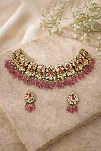 Shop_Vivinia By Vidhi Mehra_Gold Plated Jaipuri Kundan Embellished Choker Set _at_Aza_Fashions