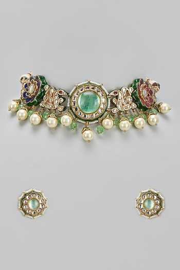 Shop_Vivinia By Vidhi Mehra_Gold Plated Kundan Embellished Choker Set _at_Aza_Fashions
