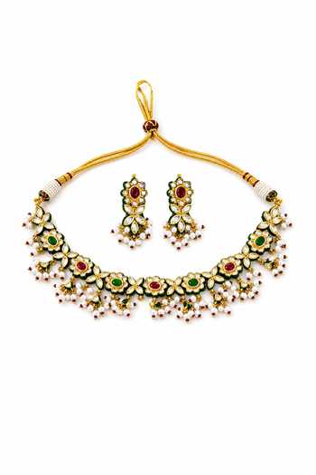 Shop_Vivinia By Vidhi Mehra_Gold Plated Jaipuri Kundan Motif Necklace Set _at_Aza_Fashions