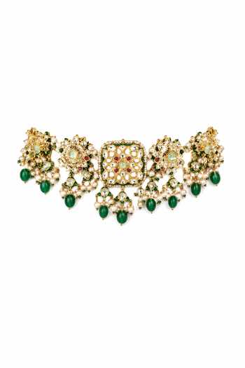Shop_Vivinia By Vidhi Mehra_Gold Plated Navratna Jaipuri Kundan Embellished Choker Set _at_Aza_Fashions