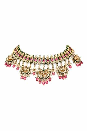 Shop_Vivinia By Vidhi Mehra_Gold Plated Jaipuri Kundan Embellished Necklace Set _at_Aza_Fashions