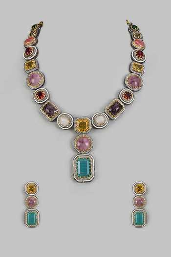 Shop_Vivinia By Vidhi Mehra_Multi Color Multicolor Gemstone Necklace And Earrings Set _at_Aza_Fashions