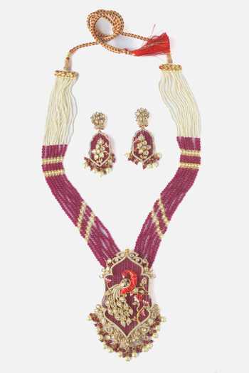 Shop_Vivinia By Vidhi Mehra_Gold Plated Moissanite Polki Embellished Pendant Necklace Set _at_Aza_Fashions