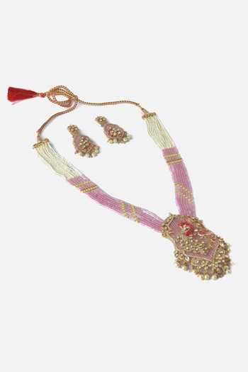 Shop_Vivinia By Vidhi Mehra_Gold Plated Moissanite Polki Embellished Necklace And Earrings Set _at_Aza_Fashions