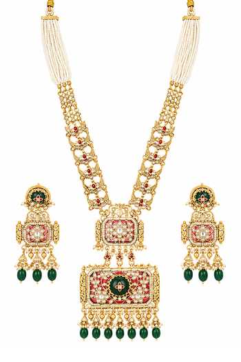 Shop_Vivinia By Vidhi Mehra_Gold Plated Royal Emerald Embellished Necklace Set _at_Aza_Fashions