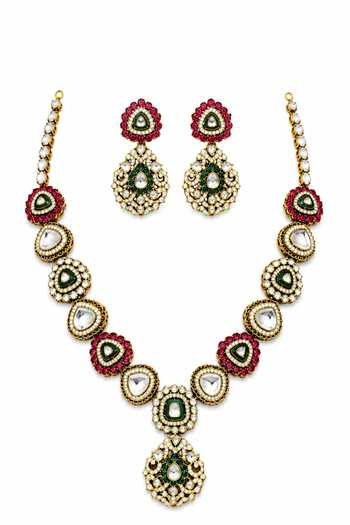 Shop_Vivinia By Vidhi Mehra_Gold Plated Polki Embellished Pendant Necklace Set _at_Aza_Fashions