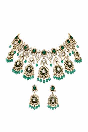 Shop_Vivinia By Vidhi Mehra_Gold Plated Stone Embellished Necklace Set _at_Aza_Fashions