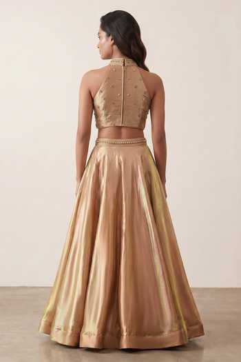 Shop_Two Sisters By Gyans_Gold Tissue Halter Neck Geometric Embellished Lehenga And Blouse Set _at_Aza_Fashions