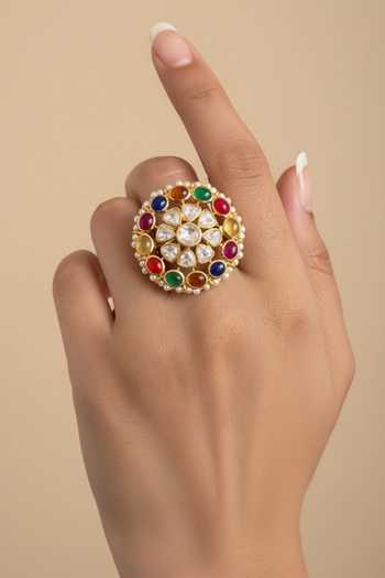 Buy_Sica Jewellery_Multi Color Moissanite Polki Navratan Ring _at_Aza_Fashions