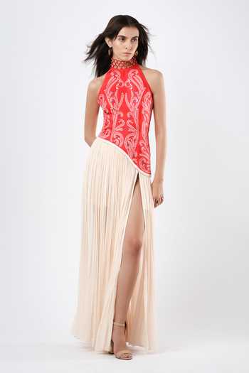 Buy_Limerick By Abirr N' Nanki_Red Georgette, Satin Choker Neck Marisol Scallop Textured Dress _at_Aza_Fashions