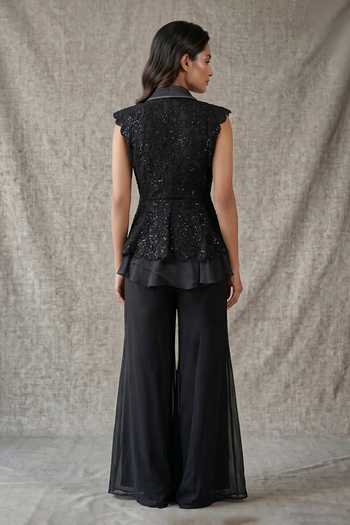 Shop_Two Sisters By Gyans_Black Organza, Satin Shawl Neck Embroidered Jacket Sharara Set _at_Aza_Fashions