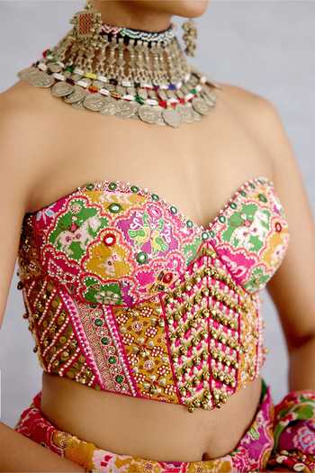 Torani_Pink Silk Embroidery, Sequins, Pearls Sweetheart Neck Rangili Drashti Corset _Online_at_Aza_Fashions