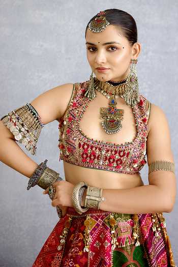 Torani_Multi Color Silk, Organza Square Neck Rangili Meenakshi Lehenga Set _Online_at_Aza_Fashions