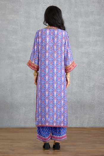 Shop_Torani_Blue Silk, Organza, Muslin V-neck, Yes Niladri Darsha Printed Kurta Set _at_Aza_Fashions