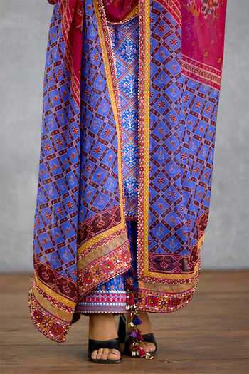 Shop_Torani_Blue Silk, Organza, Muslin V-neck, Yes Niladri Darsha Printed Kurta Set _Online_at_Aza_Fashions