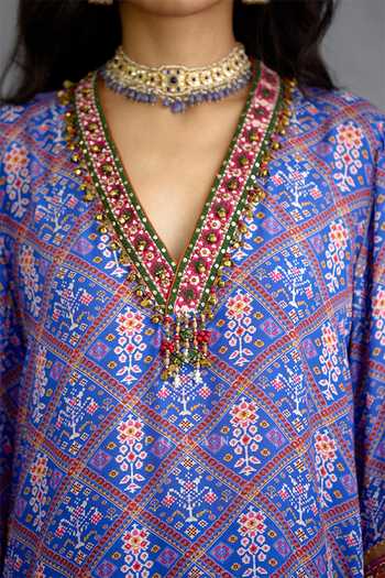 Torani_Blue Silk, Organza, Muslin V-neck, Yes Niladri Darsha Printed Kurta Set _at_Aza_Fashions