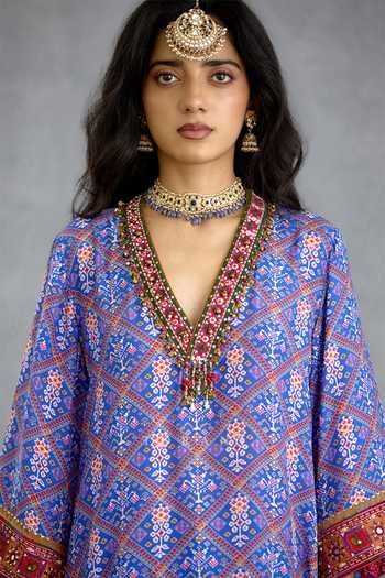 Buy_Torani_Blue Silk, Organza, Muslin V-neck, Yes Niladri Darsha Printed Kurta Set 