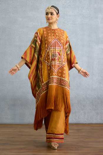 Torani_Yellow Silk Round Neck Kanak Bhamini Kaftan And Pant Set _at_Aza_Fashions