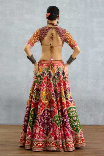Shop_Torani_Multi Color Silk, Organza Sweetheart Neck Rangili Dhruvi Patola Lehenga Set _at_Aza_Fashions