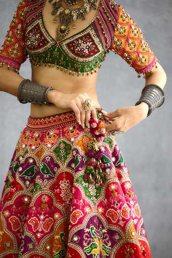 Torani_Multi Color Silk, Organza Sweetheart Neck Rangili Dhruvi Patola Lehenga Set _Online_at_Aza_Fashions