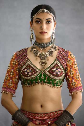 Shop_Torani_Multi Color Silk, Organza Sweetheart Neck Rangili Dhruvi Patola Lehenga Set _Online_at_Aza_Fashions