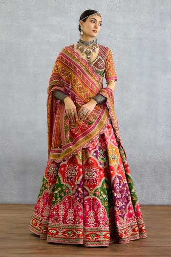 Buy_Torani_Multi Color Silk, Organza Sweetheart Neck Rangili Dhruvi Patola Lehenga Set _at_Aza_Fashions