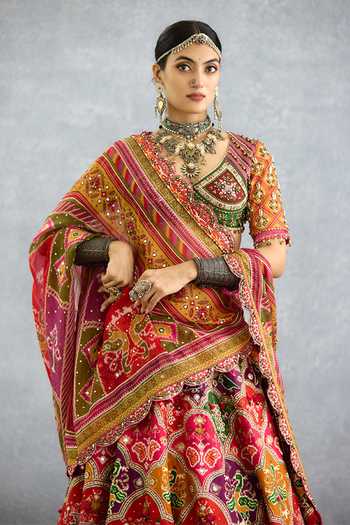 Torani_Multi Color Silk, Organza Sweetheart Neck Rangili Dhruvi Patola Lehenga Set _at_Aza_Fashions